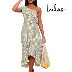 Lulus High Tide Striped One Shoulder Midi Dress Flounce Ruffles Rayon Blend